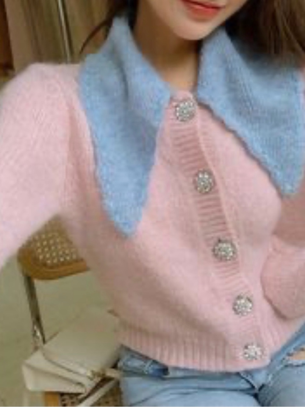 Zara Pink Knit Sweater with Blue Collar